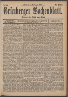 Gr&uuml;nberger Wochenblatt: Zeitung f&uuml;r Stadt und Land, No. 97. (14. August 1889)