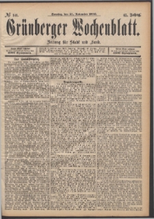 Gr&uuml;nberger Wochenblatt: Zeitung f&uuml;r Stadt und Land, No. 141. (24. November 1889)