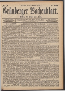 Gr&uuml;nberger Wochenblatt: Zeitung f&uuml;r Stadt und Land, No. 142. (27. November 1889)