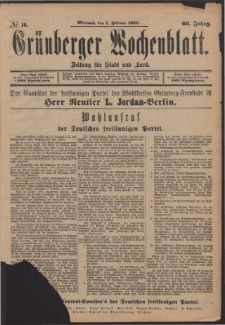 Gr&uuml;nberger Wochenblatt: Zeitung f&uuml;r Stadt und Land, No. 16. (5. Februar 1890)