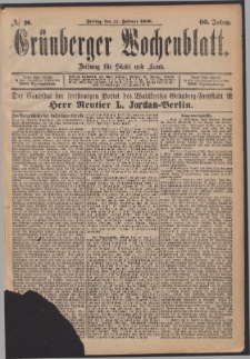 Gr&uuml;nberger Wochenblatt: Zeitung f&uuml;r Stadt und Land, No. 20. (14. Februar 1890)