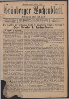 Gr&uuml;nberger Wochenblatt: Zeitung f&uuml;r Stadt und Land, No. 21. (16. Februar 1890)