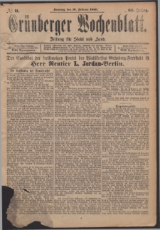 Grünberger Wochenblatt: Zeitung für Stadt und Land, No. 21. (16. Februar 1890)