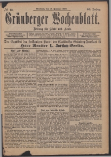 Gr&uuml;nberger Wochenblatt: Zeitung f&uuml;r Stadt und Land, No. 22. (19. Februar 1890)