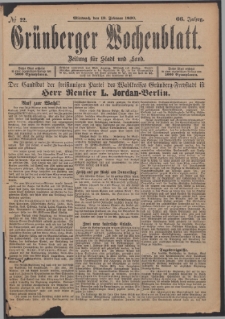 Grünberger Wochenblatt: Zeitung für Stadt und Land, No. 22. (19. Februar 1890)