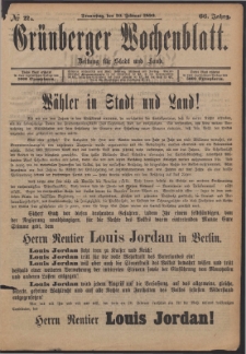 Gr&uuml;nberger Wochenblatt: Zeitung f&uuml;r Stadt und Land, No. 22a. (20. Februar 1890)