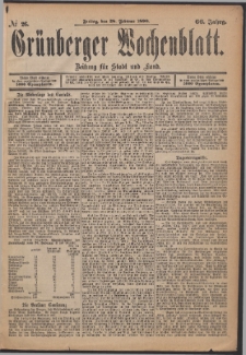 Gr&uuml;nberger Wochenblatt: Zeitung f&uuml;r Stadt und Land, No. 26. (28. Februar 1890)