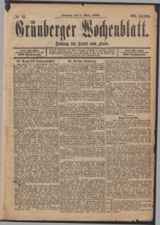Gr&uuml;nberger Wochenblatt: Zeitung f&uuml;r Stadt und Land, No. 27. (2. M&auml;rz 1890)