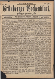 Gr&uuml;nberger Wochenblatt: Zeitung f&uuml;r Stadt und Land, No. 47. (18. April 1890)