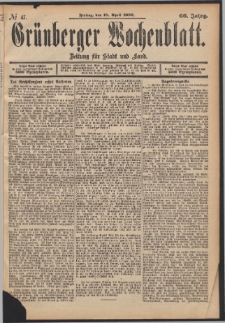 Grünberger Wochenblatt: Zeitung für Stadt und Land, No. 47. (18. April 1890)