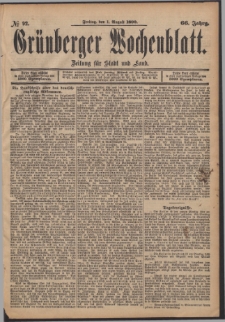 Gr&uuml;nberger Wochenblatt: Zeitung f&uuml;r Stadt und Land, No. 92. (1. August 1890)