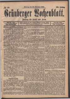 Gr&uuml;nberger Wochenblatt: Zeitung f&uuml;r Stadt und Land, No. 141. (23. November 1890)