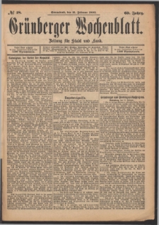 Gr&uuml;nberger Wochenblatt: Zeitung f&uuml;r Stadt und Land, No. 18. (11. Februar 1893)
