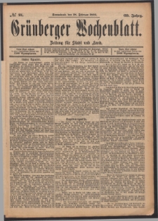 Gr&uuml;nberger Wochenblatt: Zeitung f&uuml;r Stadt und Land, No. 21. (18. Februar 1893)