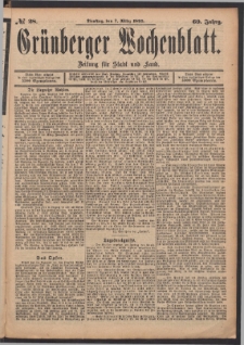 Gr&uuml;nberger Wochenblatt: Zeitung f&uuml;r Stadt und Land, No. 28. (7. M&auml;rz 1893)