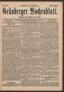 Gr&uuml;nberger Wochenblatt: Zeitung f&uuml;r Stadt und Land, No. 39. (1. April 1893)