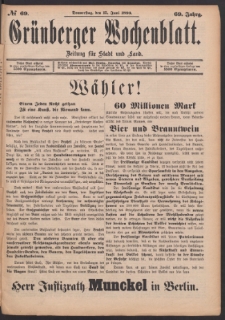 Gr&uuml;nberger Wochenblatt: Zeitung f&uuml;r Stadt und Land, No. 69. (15. Juni 1893)