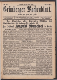 Gr&uuml;nberger Wochenblatt: Zeitung f&uuml;r Stadt und Land, No. 71. (20. Juni 1893)