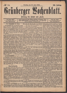 Gr&uuml;nberger Wochenblatt: Zeitung f&uuml;r Stadt und Land, No. 74. (27. Juni 1893)