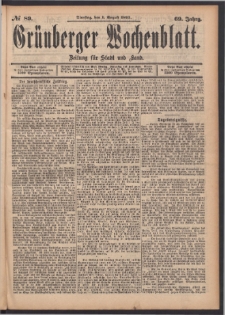 Gr&uuml;nberger Wochenblatt: Zeitung f&uuml;r Stadt und Land, No. 89. (1. August 1893)