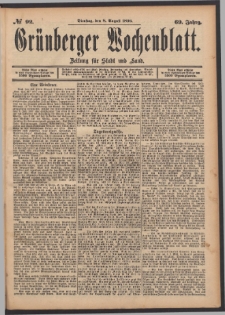 Gr&uuml;nberger Wochenblatt: Zeitung f&uuml;r Stadt und Land, No. 92. (8. August 1893)