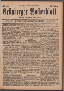 Gr&uuml;nberger Wochenblatt: Zeitung f&uuml;r Stadt und Land, No. 111. (21. September 1893)