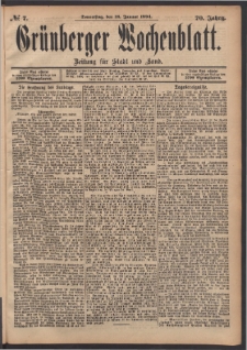 Gr&uuml;nberger Wochenblatt: Zeitung f&uuml;r Stadt und Land, No. 7. (18. Januar 1894)
