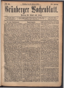 Gr&uuml;nberger Wochenblatt: Zeitung f&uuml;r Stadt und Land, No. 18. (13. Februar 1894)