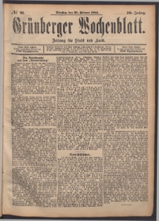 Gr&uuml;nberger Wochenblatt: Zeitung f&uuml;r Stadt und Land, No. 21. (20. Februar 1894)