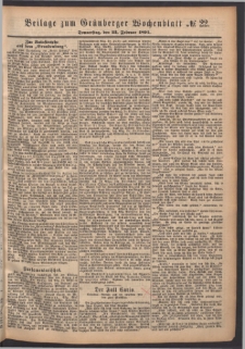 Gr&uuml;nberger Wochenblatt: Zeitung f&uuml;r Stadt und Land, No. 22. (22. Februar 1894)