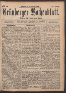 Gr&uuml;nberger Wochenblatt: Zeitung f&uuml;r Stadt und Land, No. 24. (27. Februar 1894)
