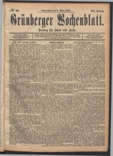 Gr&uuml;nberger Wochenblatt: Zeitung f&uuml;r Stadt und Land, No. 28. (8. M&auml;rz 1894)