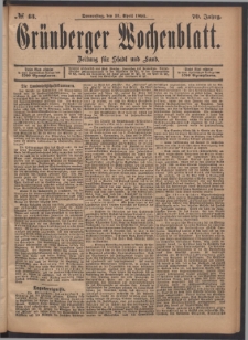 Gr&uuml;nberger Wochenblatt: Zeitung f&uuml;r Stadt und Land, No. 43. (12. April 1894)