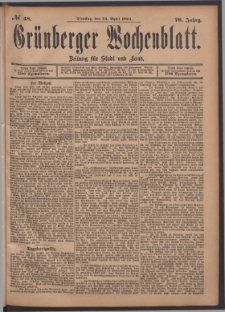 Gr&uuml;nberger Wochenblatt: Zeitung f&uuml;r Stadt und Land, No. 48. (24. April 1894)