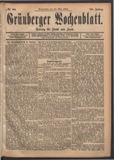 Gr&uuml;nberger Wochenblatt: Zeitung f&uuml;r Stadt und Land, No. 60. (24. Mai 1894)