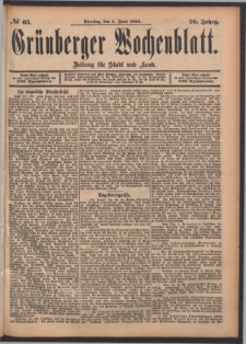 Gr&uuml;nberger Wochenblatt: Zeitung f&uuml;r Stadt und Land, No. 65. (5. Juni 1894)