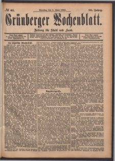 Grünberger Wochenblatt: Zeitung für Stadt und Land, No. 65. (5. Juni 1894)