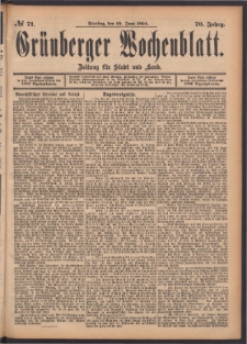 Gr&uuml;nberger Wochenblatt: Zeitung f&uuml;r Stadt und Land, No. 71. (19. Juni 1894)