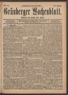 Gr&uuml;nberger Wochenblatt: Zeitung f&uuml;r Stadt und Land, No. 72. (21. Juni 1894)