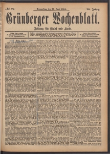 Grünberger Wochenblatt: Zeitung für Stadt und Land, No. 72. (21. Juni 1894)