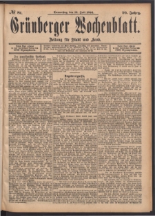 Gr&uuml;nberger Wochenblatt: Zeitung f&uuml;r Stadt und Land, No. 81. (12. Juli 1894)