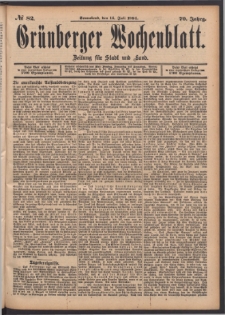 Gr&uuml;nberger Wochenblatt: Zeitung f&uuml;r Stadt und Land, No. 82. (14. Juli 1894)
