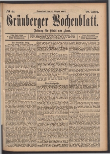Gr&uuml;nberger Wochenblatt: Zeitung f&uuml;r Stadt und Land, No. 91. (4. August 1894)