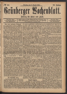 Gr&uuml;nberger Wochenblatt: Zeitung f&uuml;r Stadt und Land, No. 92. (7. August 1894)