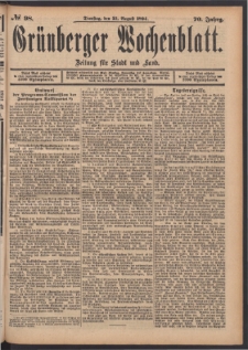 Gr&uuml;nberger Wochenblatt: Zeitung f&uuml;r Stadt und Land, No. 98. (21. August 1894)