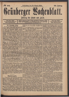 Gr&uuml;nberger Wochenblatt: Zeitung f&uuml;r Stadt und Land, No. 102. (30. August 1894)