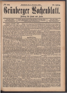 Gr&uuml;nberger Wochenblatt: Zeitung f&uuml;r Stadt und Land, No. 103. (1. September 1894)