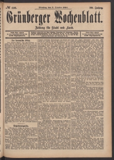 Gr&uuml;nberger Wochenblatt: Zeitung f&uuml;r Stadt und Land, No. 116. (2. October 1894)