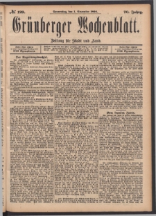Grünberger Wochenblatt: Zeitung für Stadt und Land, No. 129. (1. November 1894)