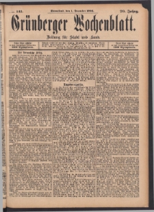 Gr&uuml;nberger Wochenblatt: Zeitung f&uuml;r Stadt und Land, No. 141. (1. December 1894)